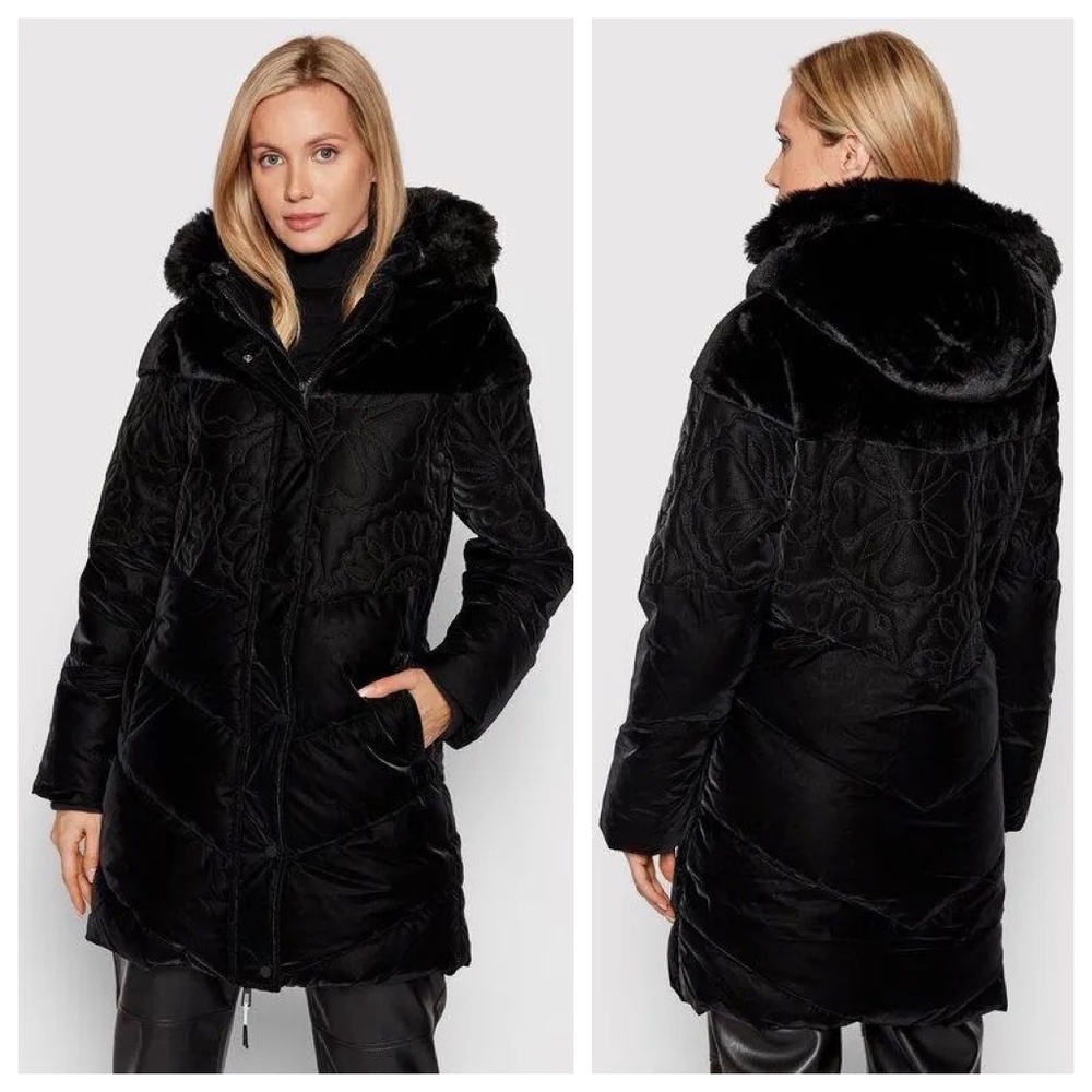 Desigual Abruzzo Padded Coat Black Floral Quilted Faux Fur Puffer Hood Size XS/S